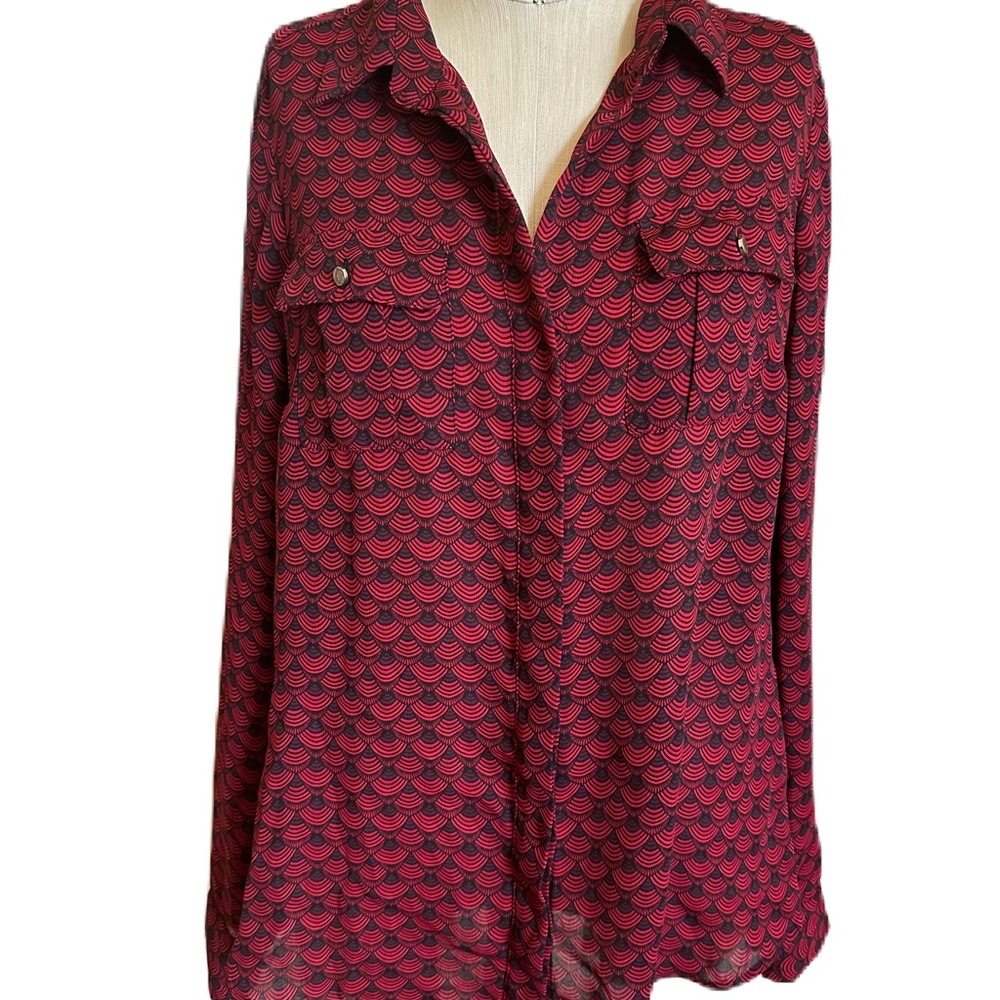 White House Black Market Red and Black Blouse. Size 8